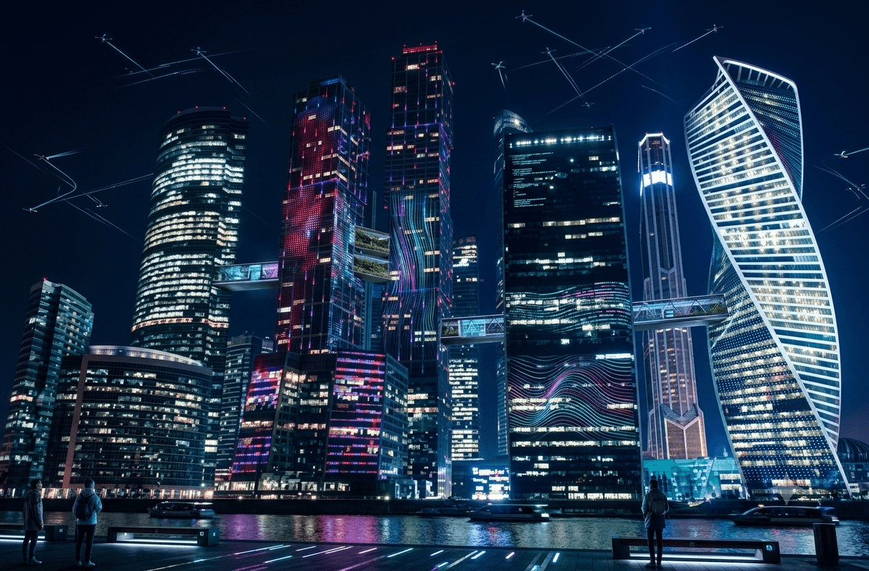 Futuristic city skyline at night representing BirTech's forward-looking vision.