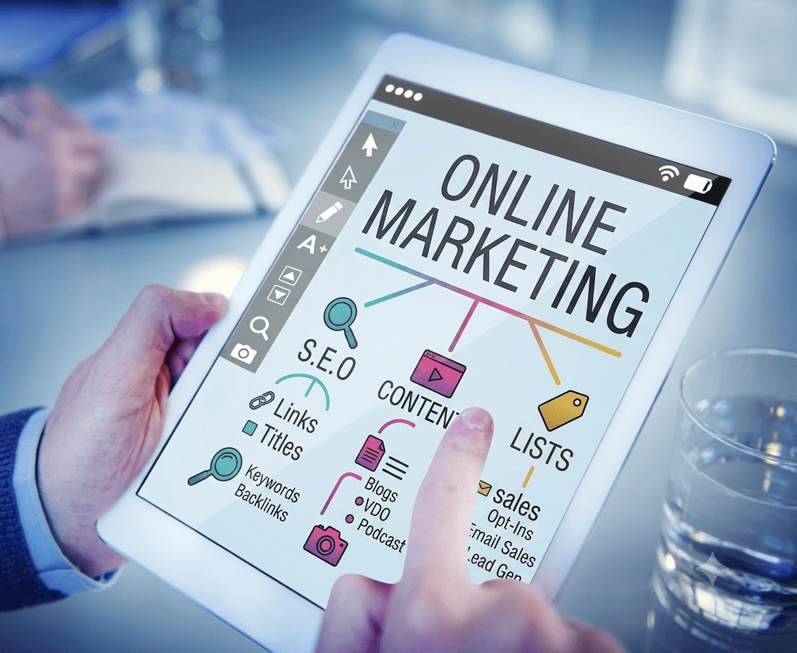 Tablet displaying SEO and online marketing strategy.